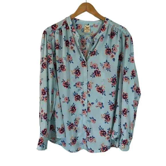 Faded Glory Turqiouse Button Up Floral Blouse Plus XXL Lightweight Multicolor - Picture 1 of 9